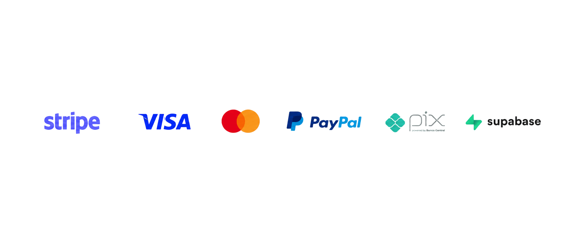 Stripe, Visa, Mastercard, PayPal, Pix e Supabase