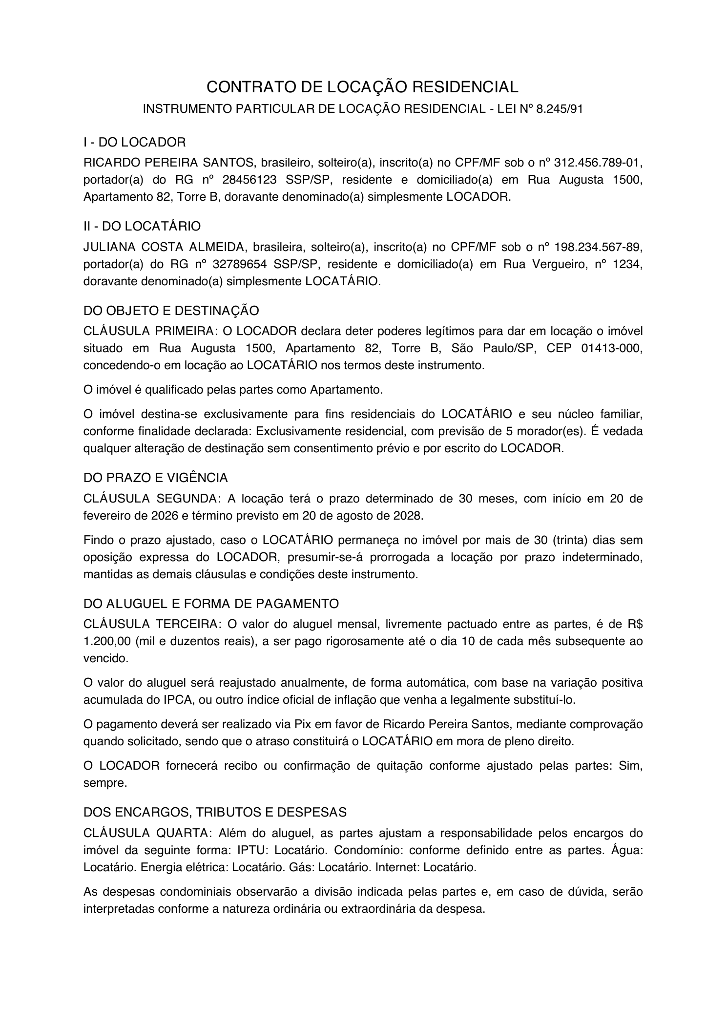 Página 1 do contrato de aluguel exemplo