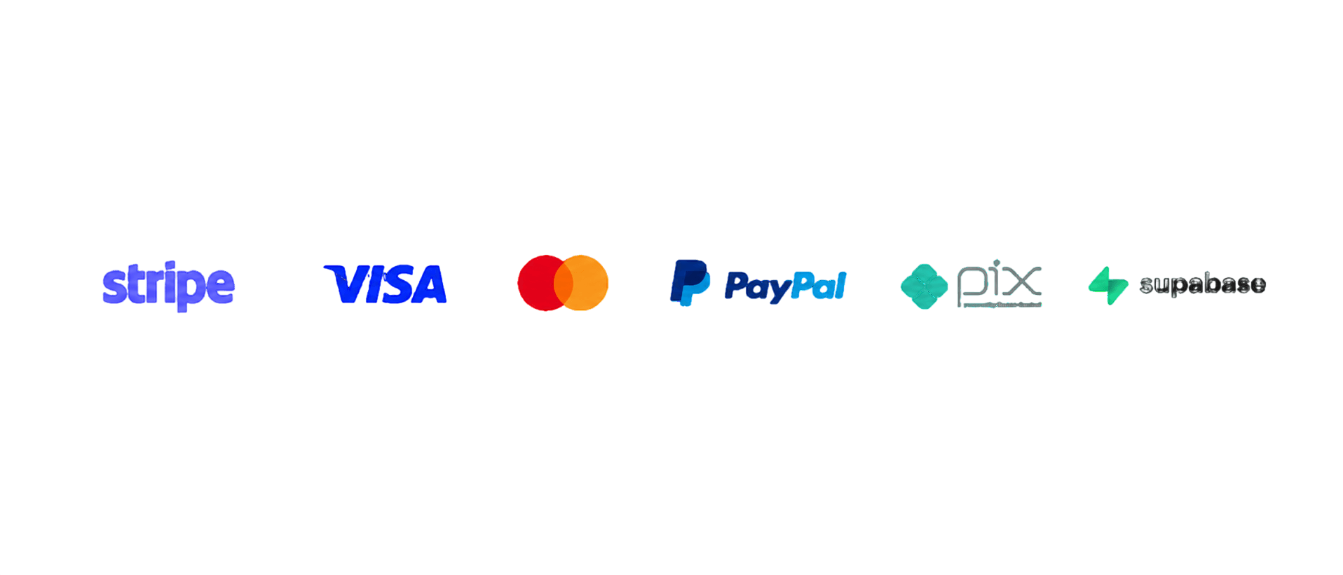 Stripe, Visa, Mastercard, Pix, Supabase e outras marcas parceiras